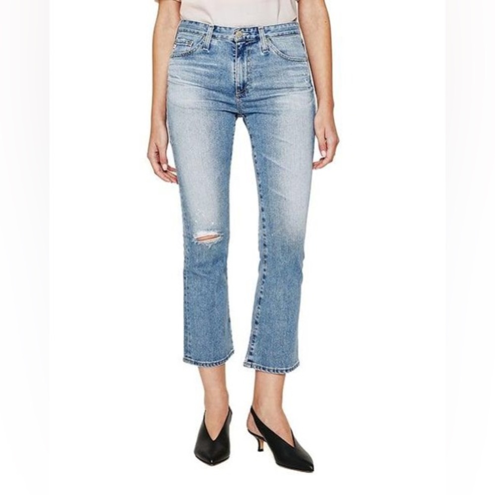 NWT AG Denim Jodi Crop Highrise Slim Flare Jeans Medium Blue Distressed Size 32